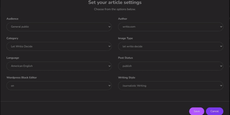 writio how it works choose your article settings