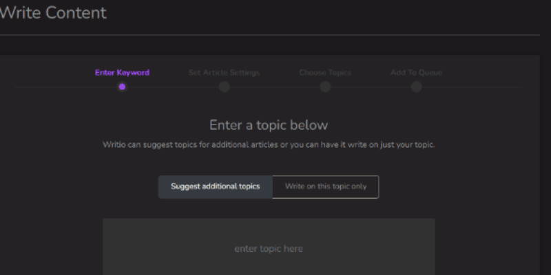 Writio review, how it works, step 1 choosing your topic and keywords